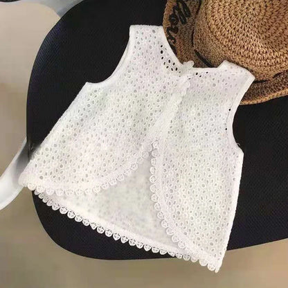 2Pcs Summer Kids Girl White Dress Sets Korean Princess Baby Sleeveless Skirt Hollow Cotton Chidlren Outfits Two Pieces Clothes