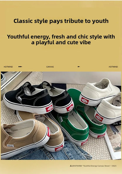 Women's Slip-On Canvas Shoes Summer 2026 Korean Style Student Flat Rubber Sole Wear-Resistant Low Cut Flat Heel Street Fashion