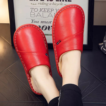 Cotton slippers for men and women at home anti slip and warm indoor Home leather cowhide slippers in winter 2023