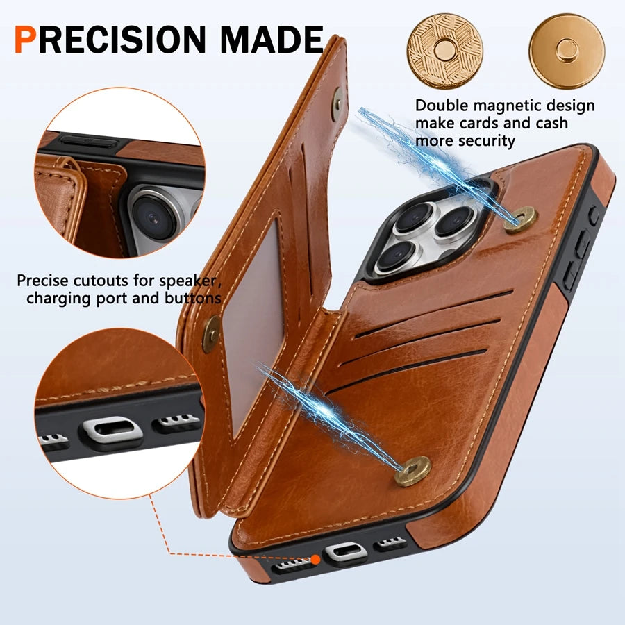 Wallet RFID Blocking Layer Protect Anti-Theft Magnetic Leather Case For iPhone Air 17 Pro Max 16e 15 Plus 14 13 12 11 Card Bag