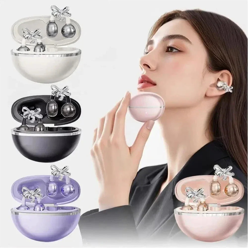 Vivo Clip-on Earbuds Wireless Bluetooth Open Ear Headphones with Detachable Crystal Bowknot Earrings For Sports Fitness Workouts