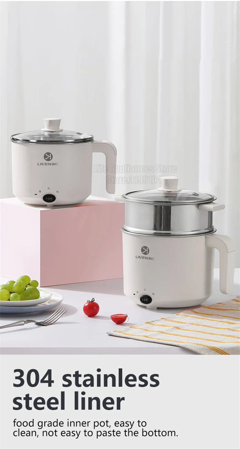 Liven Electric Multi Cooker 1.8L with 304 Stainless Steel Steamer Multifunctional Cooking Rice Porridge Noodle Mini Hot Pot 600W