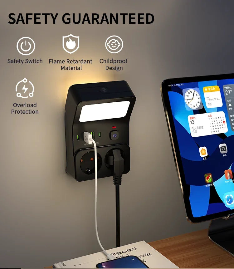 Wall Socket Power Strip with 2 AC Outlets 2 USB Ports 2 Type-C EU Plug Charger Electrical Switch For Home Power Socket