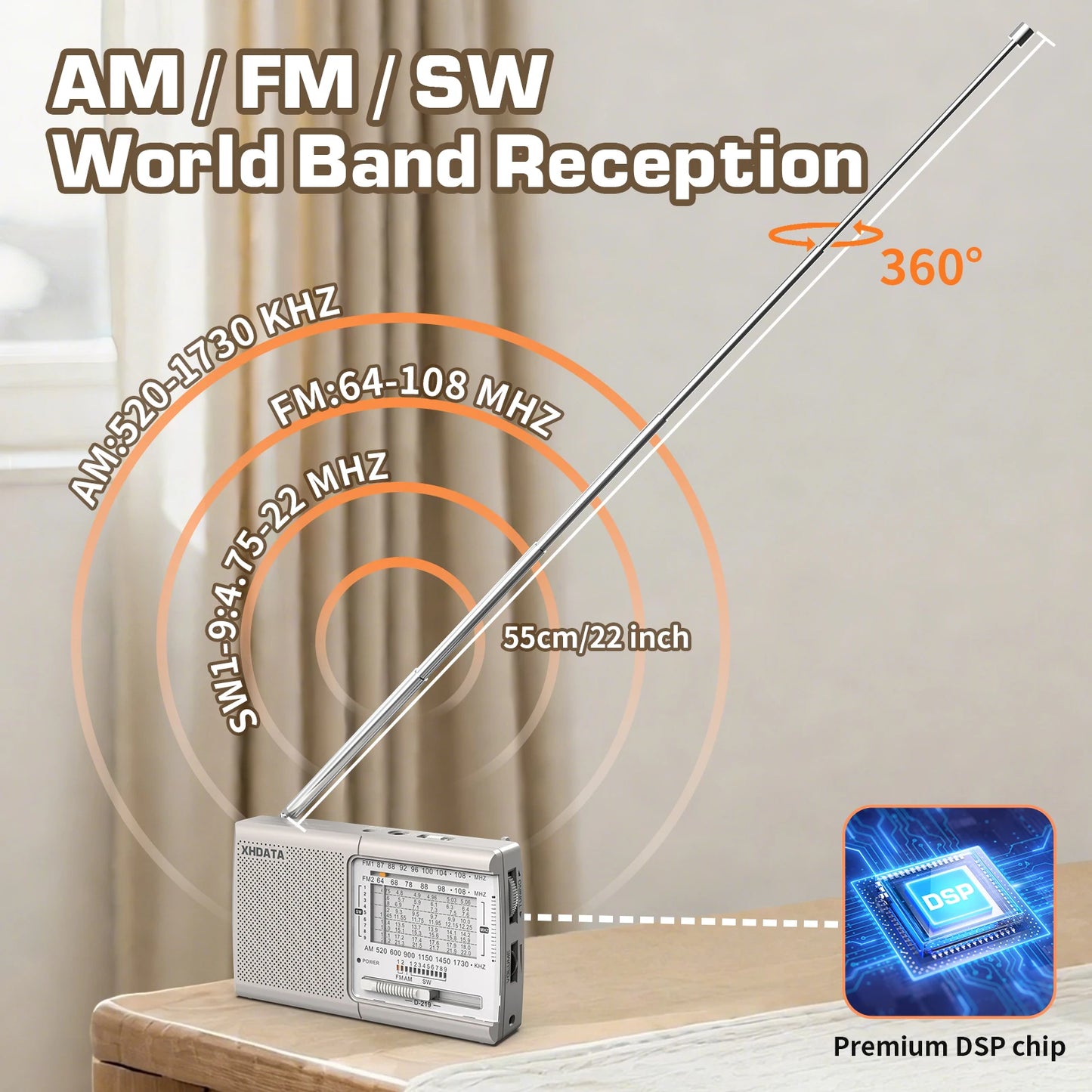 XHDATA D219 Portable Radio AM FM MW Shortwave Worldband Receiver DSP High Sensitivity 1kHz Fine Tuning Radio AA Battery Powered