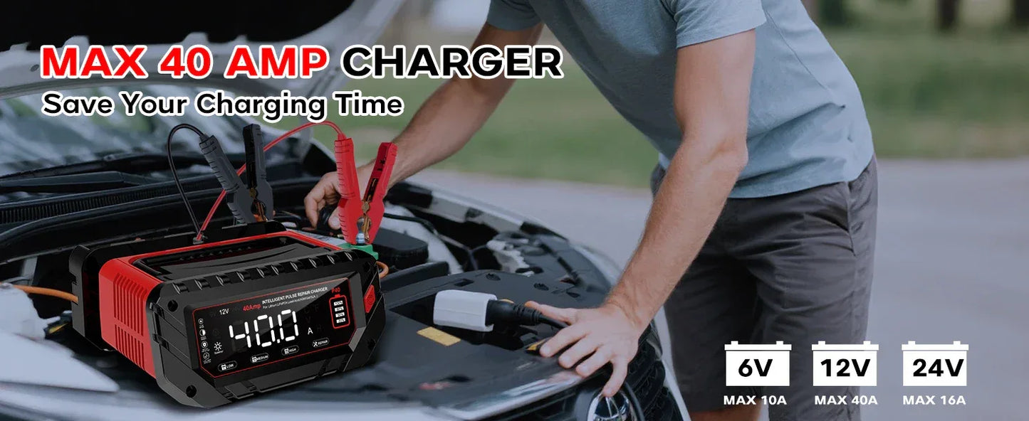 HTRC 40A Car Battery Charger 6V 12V 24V Charger for Lithium LiFePO4 Lead-acid AGM GEL Battery 9-stage Car Motorcycle Charger