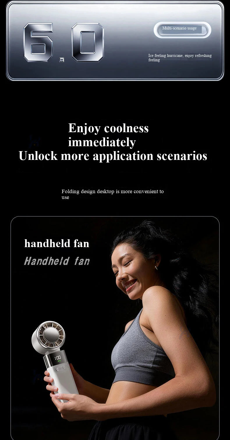 Handheld Fan with Semiconductor Cooling, Ice Compress, Ultra-Long Battery Life, Foldable Tabletop, Digital Display, Mini Fan