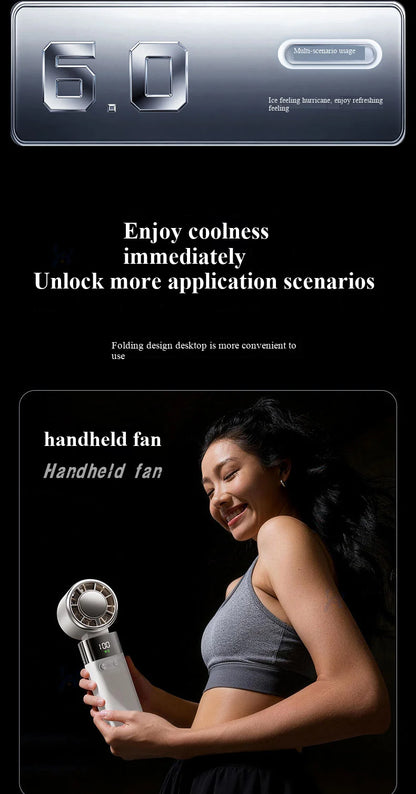 Handheld Fan with Semiconductor Cooling, Ice Compress, Ultra-Long Battery Life, Foldable Tabletop, Digital Display, Mini Fan