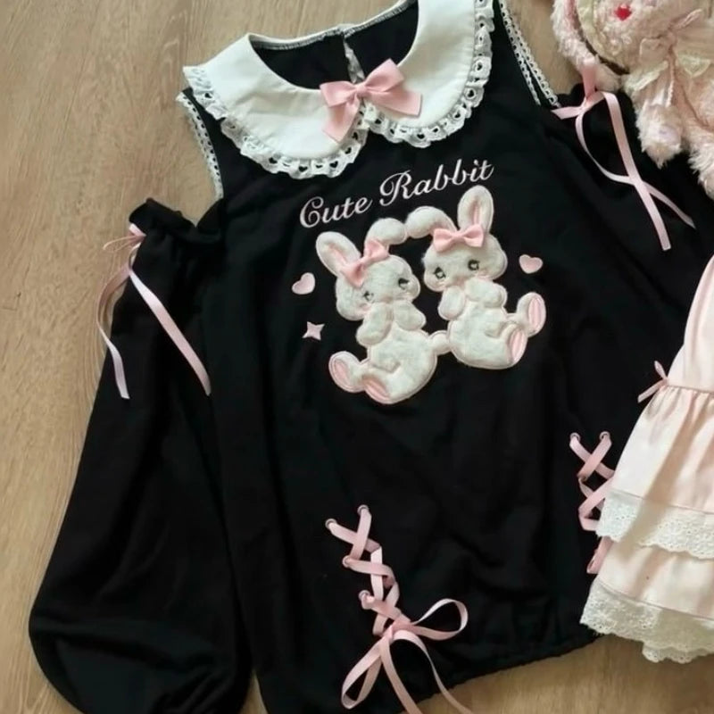 Japanese Sweet Lolita 2 Piece Sets Women Cute Bow Cartoon Bunny Off Shoulder T-shirts Pink Cake Mini Skirts Kawaii Y2k Outfits