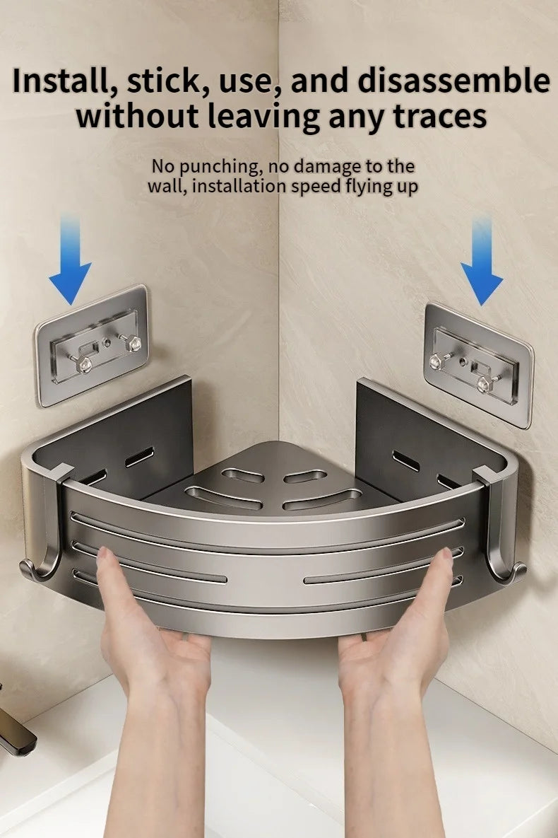No Need To Drill Walls for Installation Aluminum Bathroom Shelf Shelves Shampoo Rack Storage Holder Kitchen Organizer Wall Rack