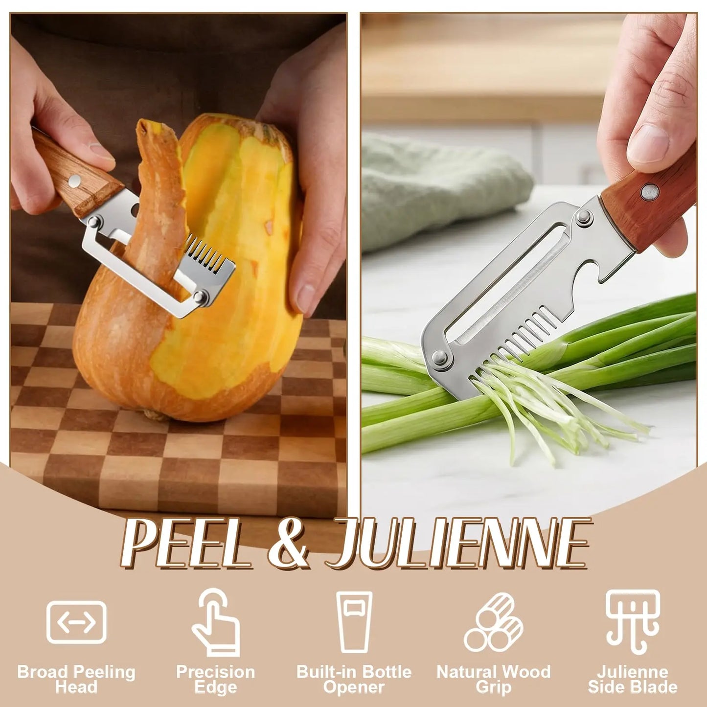 3-in-1 Vegetable Peeler with Wooden Handle and Bottle Opener, Multi-Functional Vegetable Peeler for Kitchen, Gadgets Tool