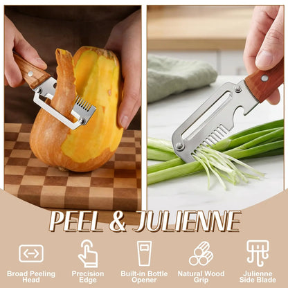3-in-1 Vegetable Peeler with Wooden Handle and Bottle Opener, Multi-Functional Vegetable Peeler for Kitchen, Gadgets Tool