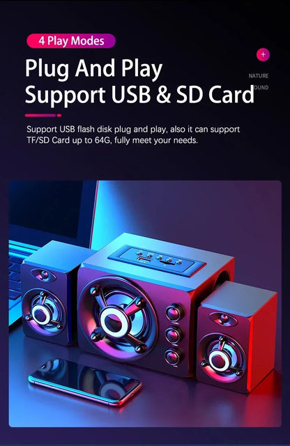 3D Hifi Stereo USB Active Bluetooth Speaker Computer Multimedia RGB Subwoofer AUX, USB, TF Suitable for TV, Computer Audio