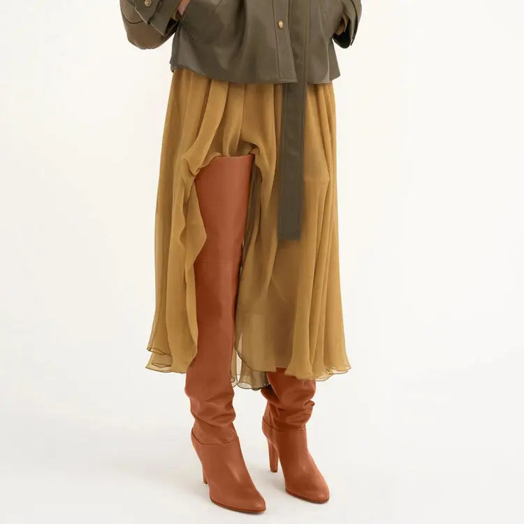 Autumn and Winter Women's Thick High-heeled Knee High Boots, Round Headed Cowhide Suede Fashionable Women's Plus Size Boots
