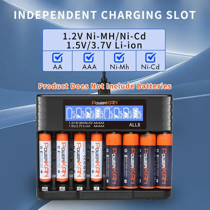 POWERKAN ALL8 charger, 8-slot high-speed LCD AA/AAA charger, suitable for 1.2V Ni-MH 1.5V/3.7V Li-ion rechargeable batteries