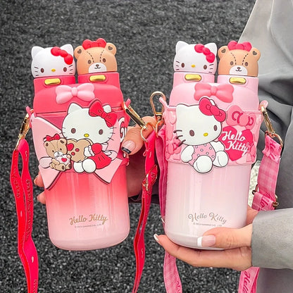 Hello Kitty Stainless Steel Insulated Cup, 550ML Portable Water Bottle for Outdoor Travel,Two Drinking Ways.  Cute Birthday Gift