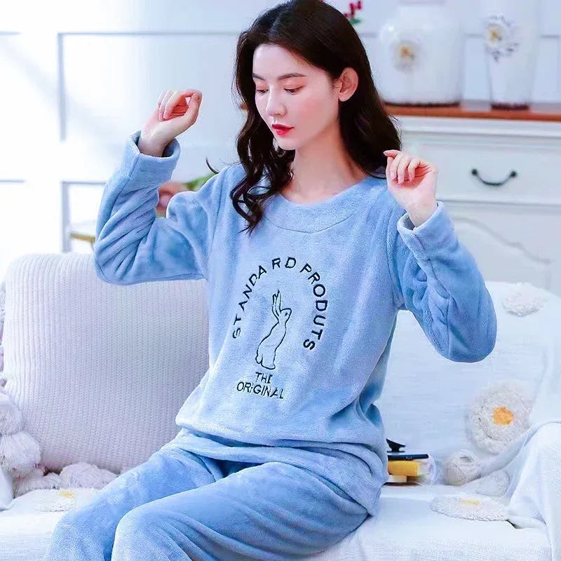 Women Pajamas Autumn Winter Flannel Warm Woman Sleepwear Korean cute Cartoon Pajama Set Fashion Pijama Mujer Home Cloth Pyjamas