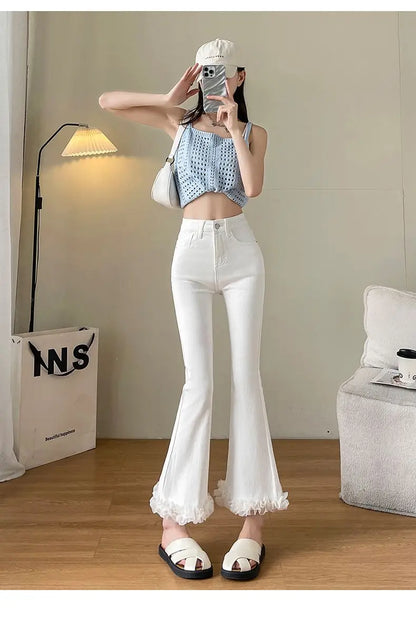 White Lace Spliced Trousers with Slightly Flared Imitation Jeans Women Autumn American Retro Small 8/9-point Flared Trousers