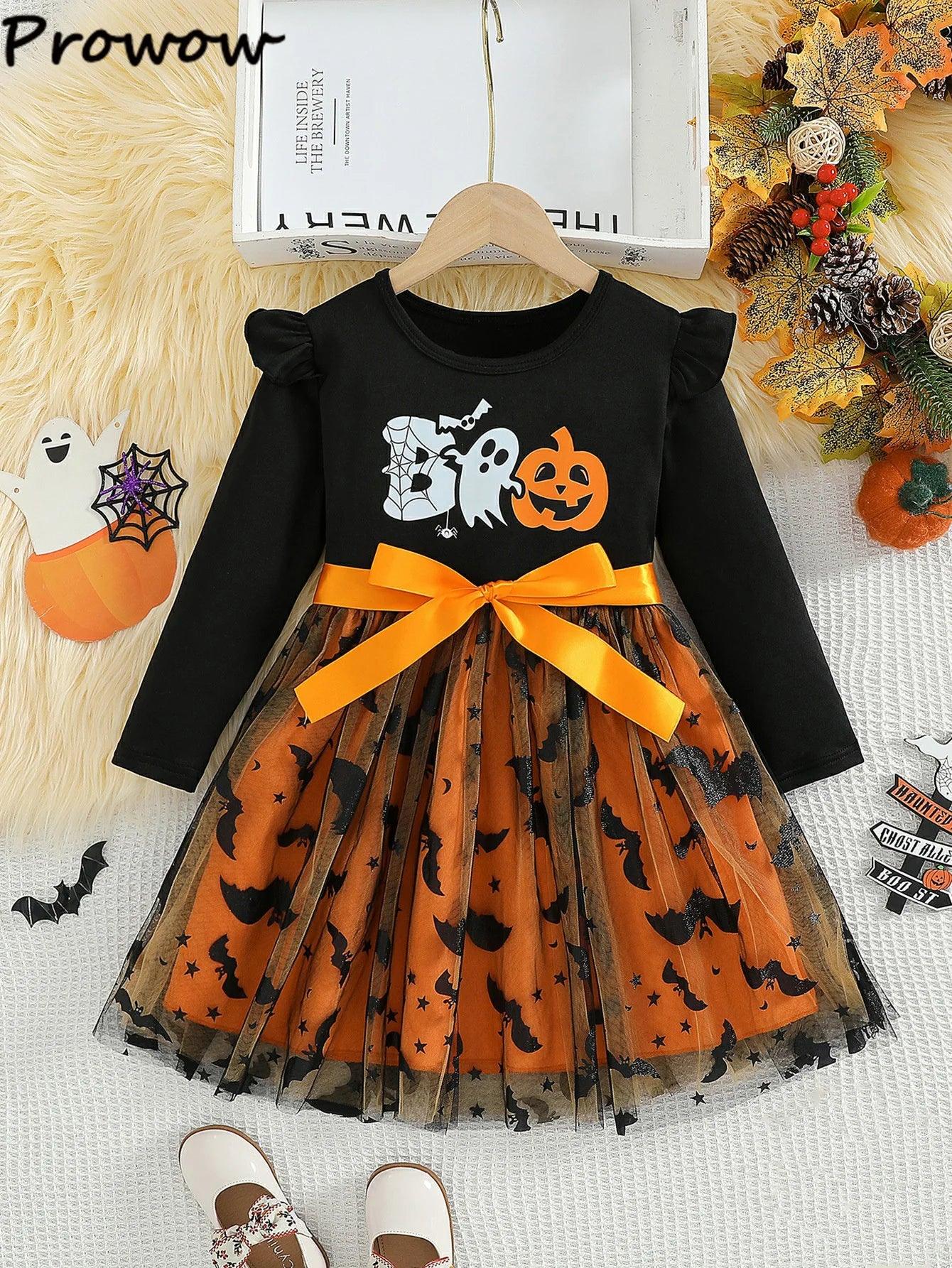 Prowow 2-8Y Kids Purple Halloween Dresses For Girls Long Sleeve Princess Mesh Spooky Spider Dress Children Halloween Costumes