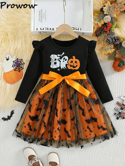 Prowow 2-8Y Kids Purple Halloween Dresses For Girls Long Sleeve Princess Mesh Spooky Spider Dress Children Halloween Costumes