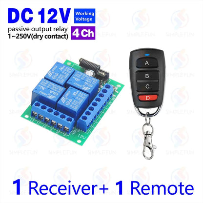 433Mhz Universal Wireless Remote Control Light Switch DC 12V 4CH RF Relay Receiver 60m Range for Light/Garage Door/LED DIY