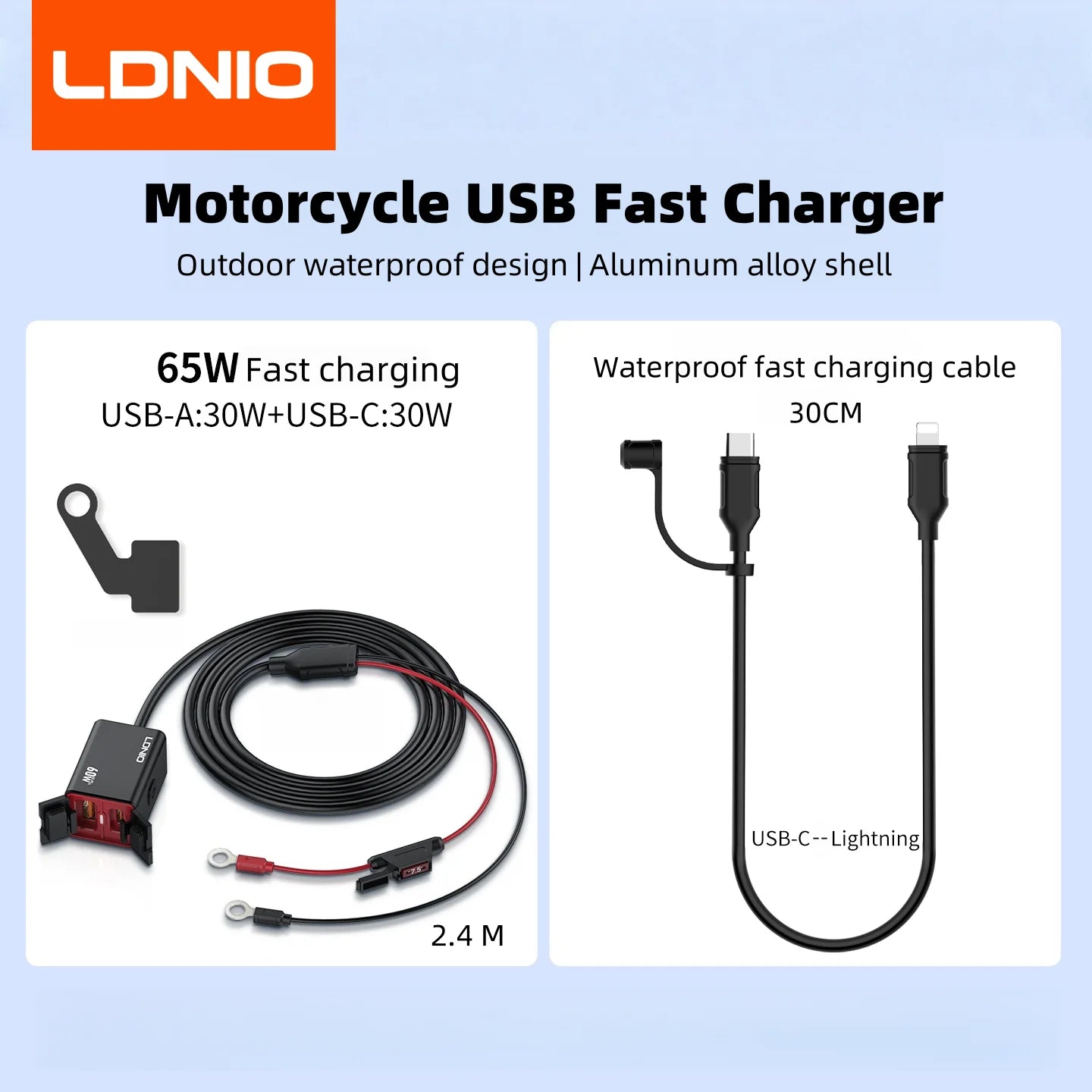 LDNIO Motorcycle USB C Fast Charger PD+QC3.0 60W Waterproof Socket Type C Cell Phone 12V/24V Vehicle-Mounted Charger Adapter