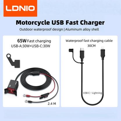 LDNIO Motorcycle USB C Fast Charger PD+QC3.0 60W Waterproof Socket Type C Cell Phone 12V/24V Vehicle-Mounted Charger Adapter
