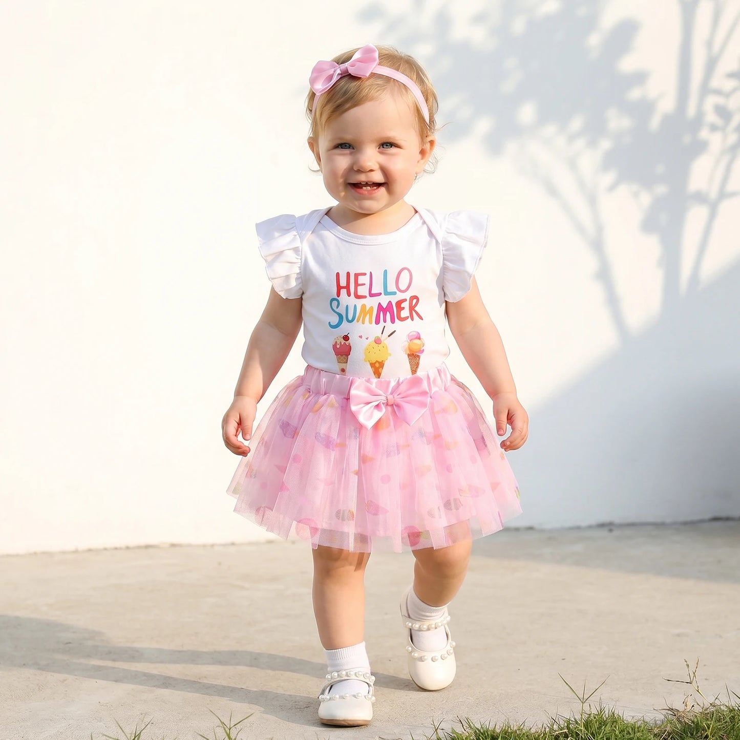 3Pcs Infant Girl Outfit Crew Neck Flying Sleeve Summer Themed Ice Cream Print Romper Tulle Skirt Headband Set