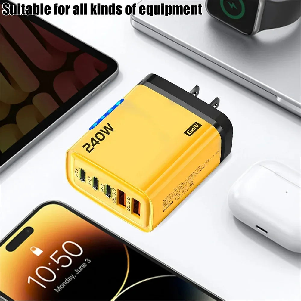 Total 240W Power GaN Charger 5 in 1 Fast Charging Charger PD Adapter For iPhone Samsung Xiaomi Huawei Laptop Tablet 2USB 3C