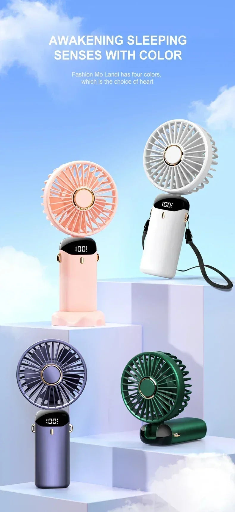 Portable Handheld Mini Fan 3000mAh Foldable Neck Hanging Fans 5 Speed Adjust USB Charge Fan with Phone Stand and Display Screen
