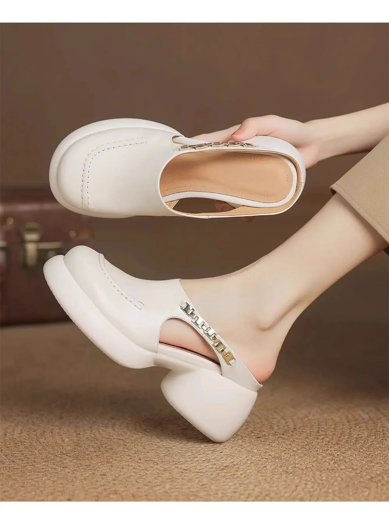 New Half-bang-head Slippers for Women 2025 Genuine Leather Platform Wedge-shaped Sneakers Pump Summer Fashion Women Casual Shoes