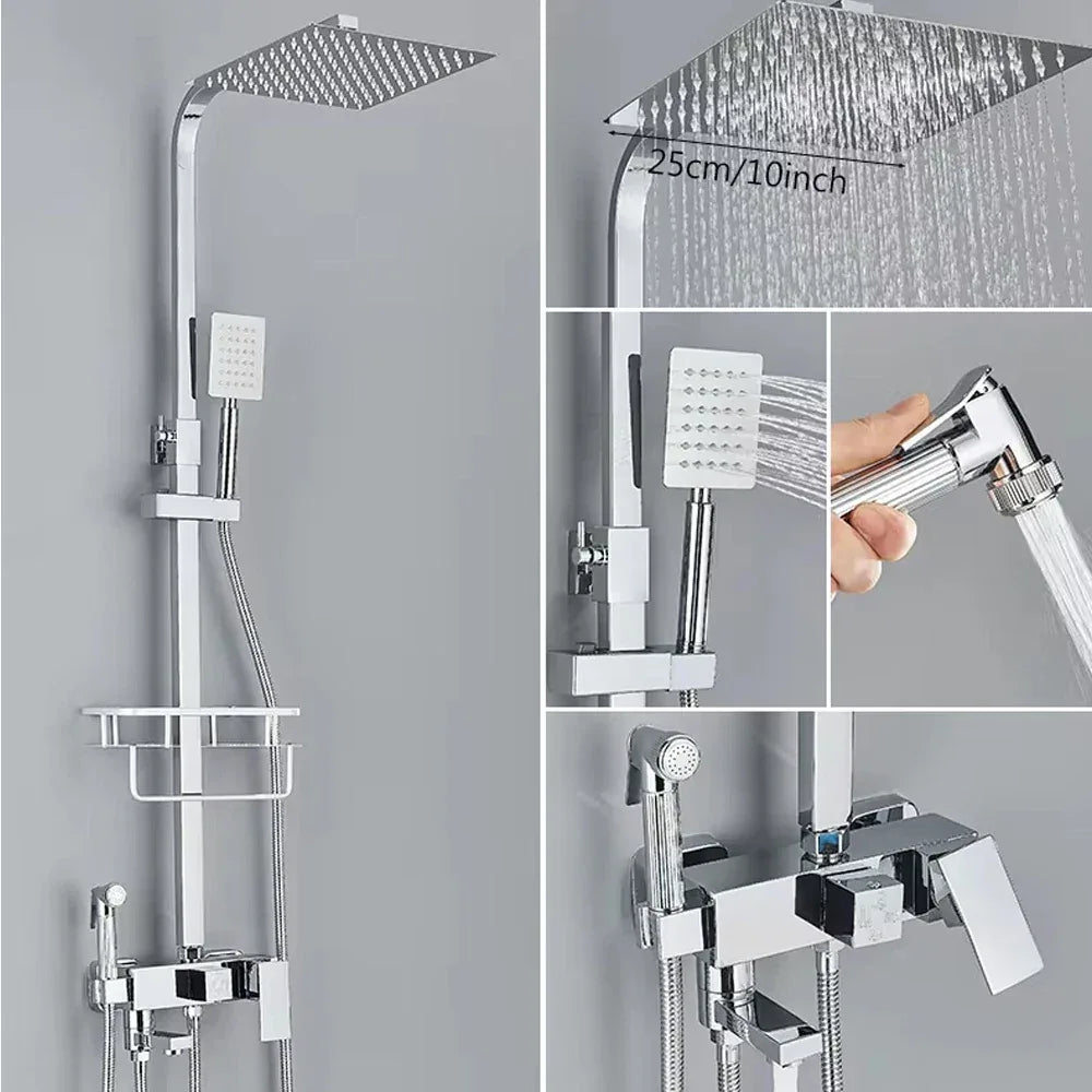 Chrome Brass Shower Faucet Set Rainfall Bathtub Tap With Bathroom Shelf 4 Function Height Adjust Shower Mixer Crane Fast Delivey