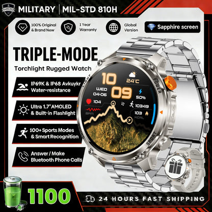 2026 Edition Military Outdoor Sports Smartwatch 1.7-inch AMOLED screen 1100 mAh battery LED flashlight Bluetooth call Waterproof