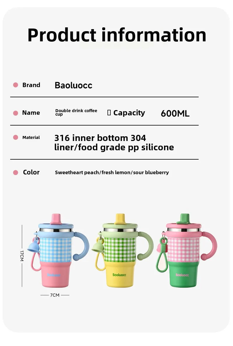 2025 New Girls Office 316 Stainless Steel Thermos Cup Household Handle Student Straw Cup Double Drink Bingba Cup  Coffee Mug