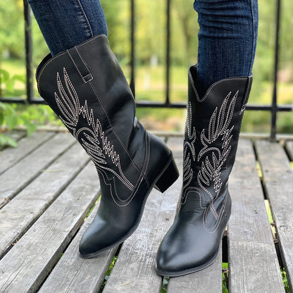 2024 Classic Embroidered Western Cowboy Boots for Women Leather Cowgirl Boots Low Heels Shoes Knee High Woman Boots Size36-43