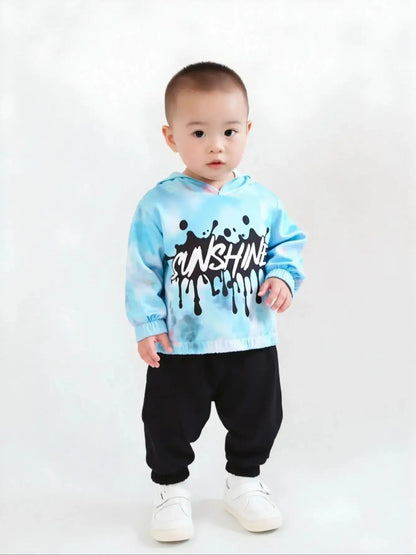 2-piece set of fashionable casual letter printed tie dye hooded long sleeved top and pants for baby boys, autumn and winter