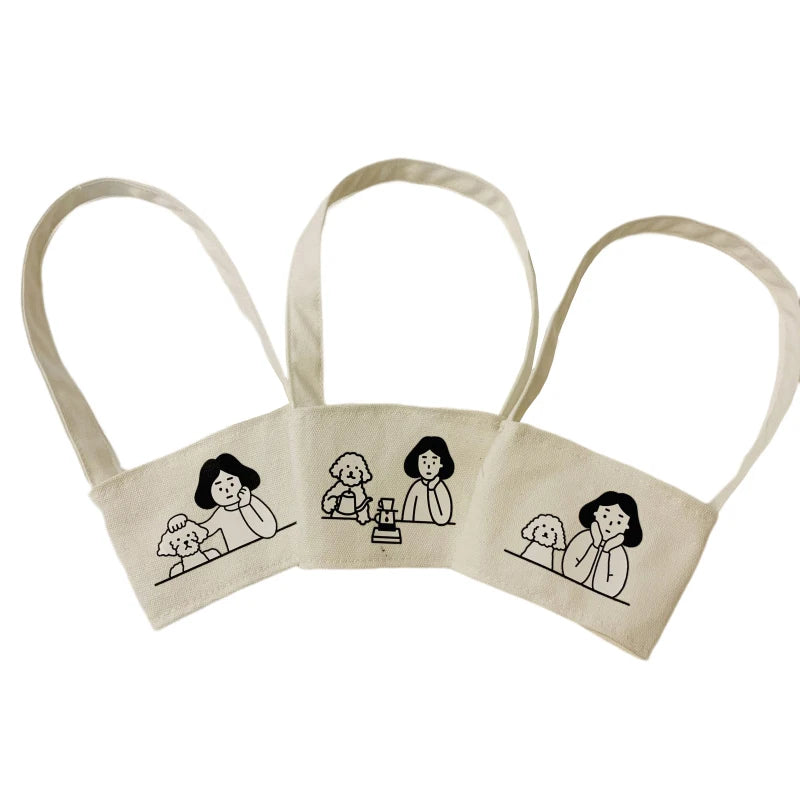 【Portable Water Bottle Holder Carry Bag Coffee Cup Storage Sleeve Cover Canvas Printing Milk Tea Set Drinking Bottle Strap】