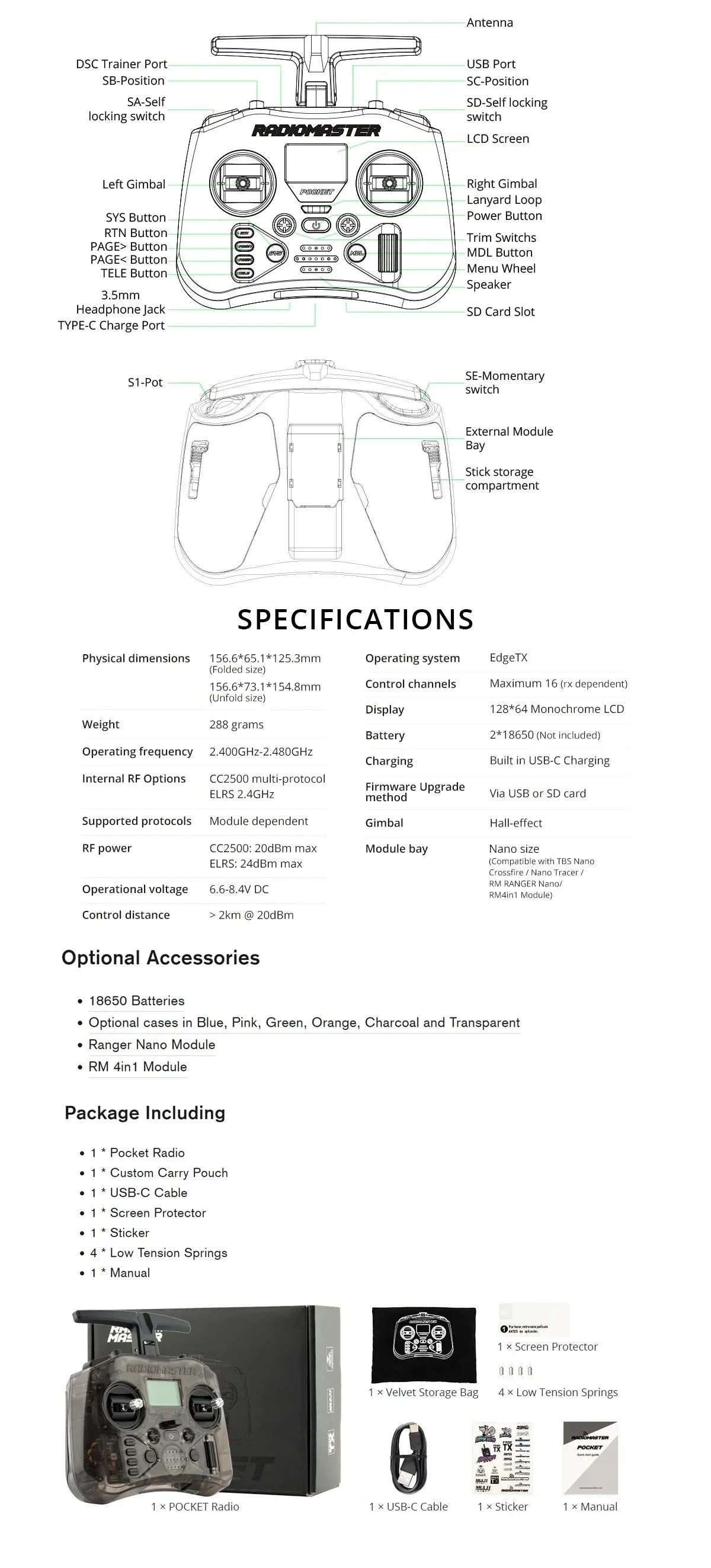 Radiomaster Pocket EdgeTX 2.4G Radio Controller FCC LBT (Mode2 Left-handed Throttle ) CC2500 / ELRS Hall Gimbal Transmitter