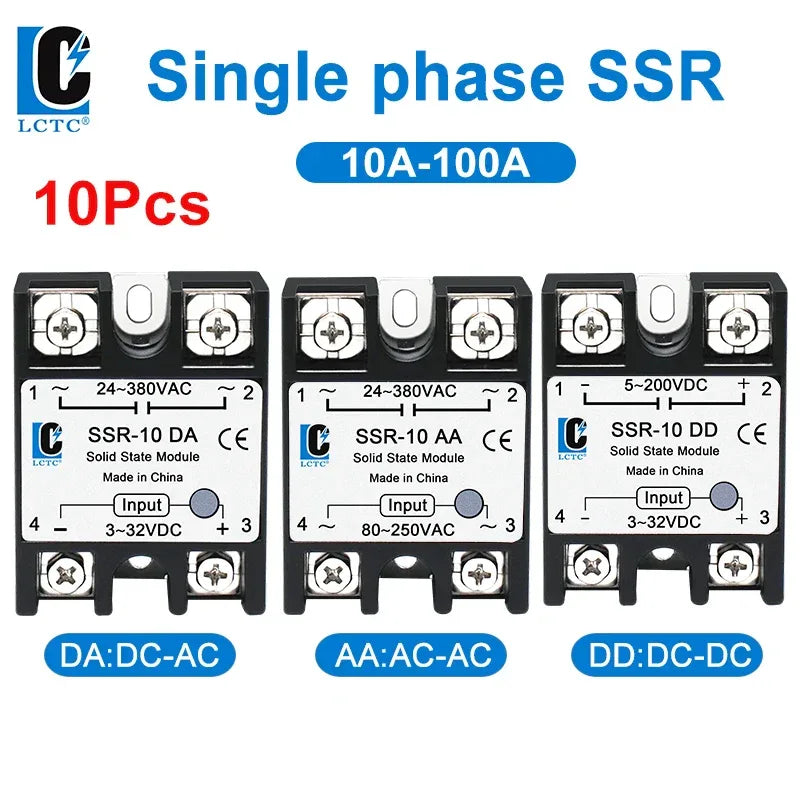LCTC 10PCS SSR 10A 25A 40A 50A 60A 80A 100A Solid State Relay DC To AC AC To AC DC To DC Single Phase Control Relay