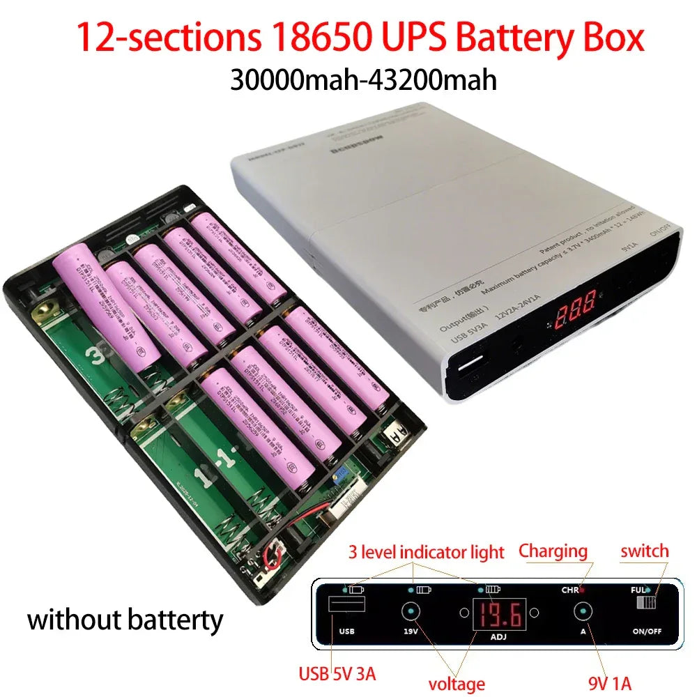 12 Sections UPS Battery Box Uninterrupted Power Supply Power Supply Storage Case 12x 18650 Battery shell for WiFi Router