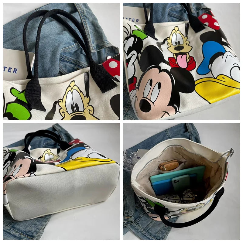 Cartoon Mickey Tote Bag Canvas Bag with Goofy Pattern Shoulder Bag Fashion Travel Large Capacity Canvas Bag Women Shopping Use