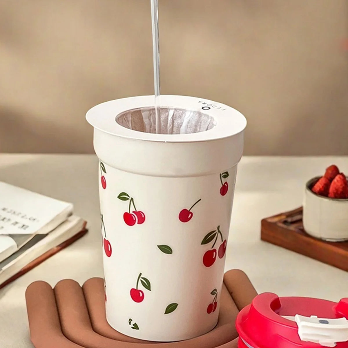 350/400ML Plastic Coffee Mug With Cherry Pattern Travel Portable Water Bottle Tumbler Sealed Leak Proof Drinking Cup Drinkware