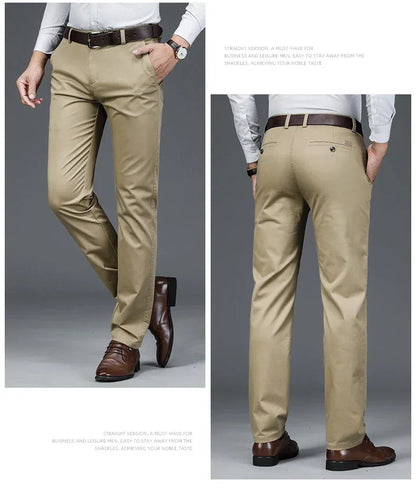 Autumn Classic Style Men's Beige Business Straight Casual Pants Stretch Cotton High Waist Solid Brand Trousers Khaki Green Black