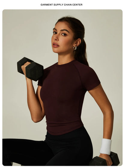 ZHEJIN Seamless Sports T-shirt Women Slim Fit Gym Workout Top Short Sleeve Yoga Shirt Curved Hem Breathable Athletic Sportswear