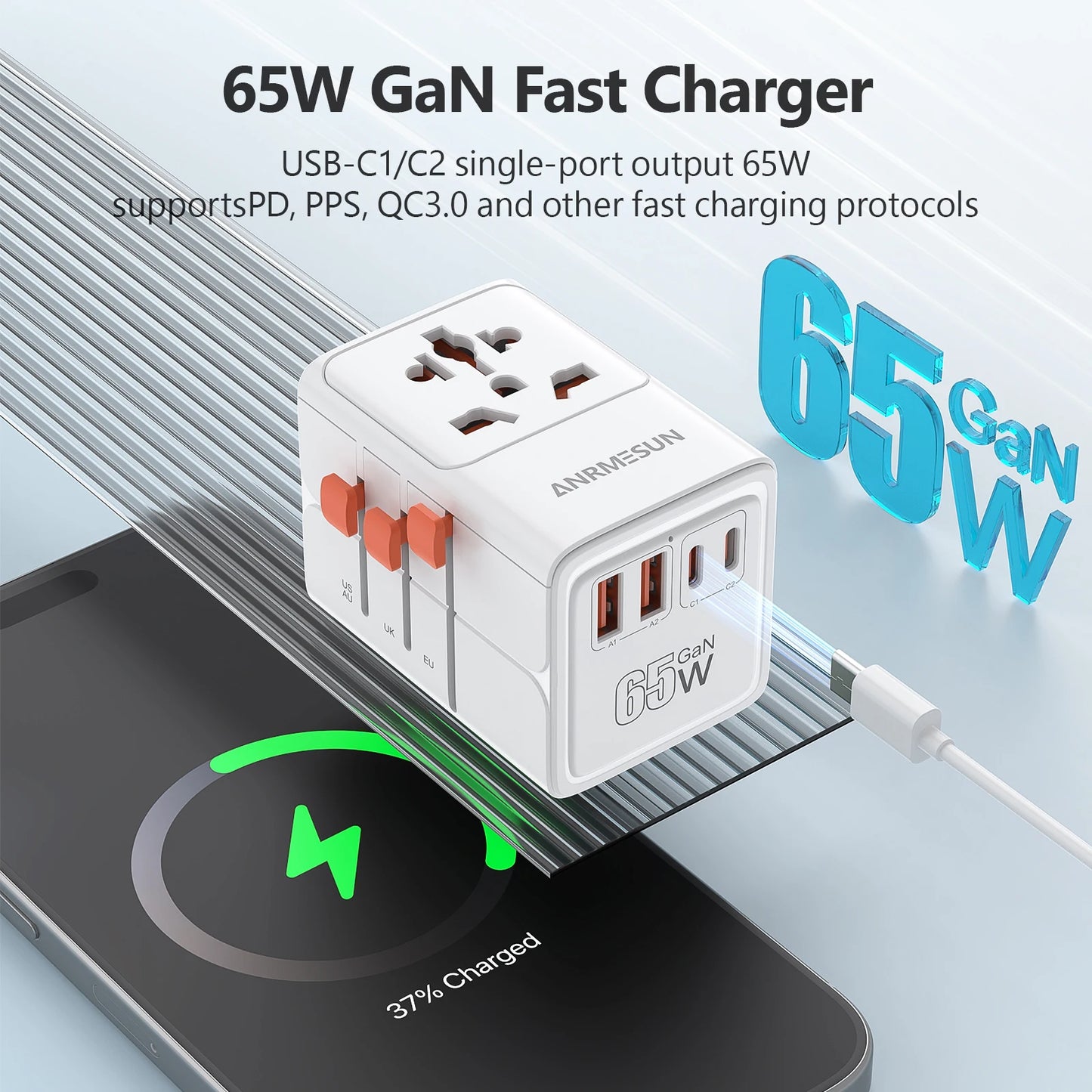 ANRMESUN 65W GaN Universal Travel Adapter with 2 USB 2 Type C Fast Charging All-in-one Travel Charger EU/UK/USA/AUS for Travel