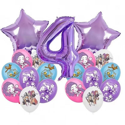 K P Foil Balloon Set Girl Group 1-9 Number & Purple Star Balloons Character Cake Toppers for Birthday Party & Photo Props