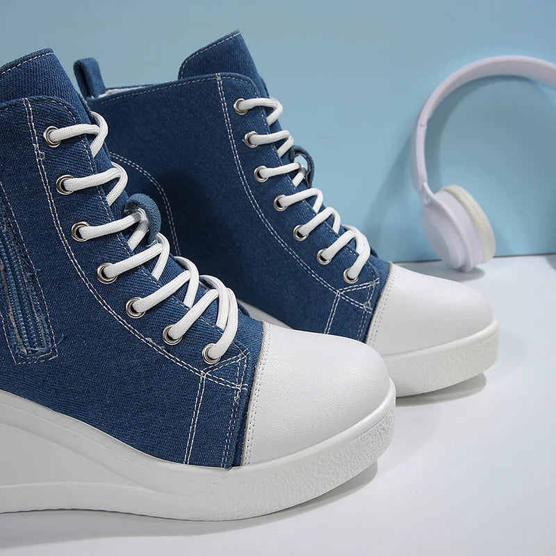 Women's Platform Wedge Heel High Top Sneakers Blue Denim Casual Canvas Shoes Woman Fashion Thick Sole Lace Up Vulcanized Shoes