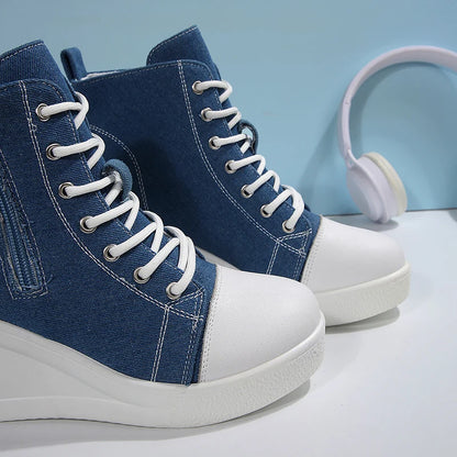 Women's Platform Wedge Heel High Top Sneakers Blue Denim Casual Canvas Shoes Woman Fashion Thick Sole Lace Up Vulcanized Shoes