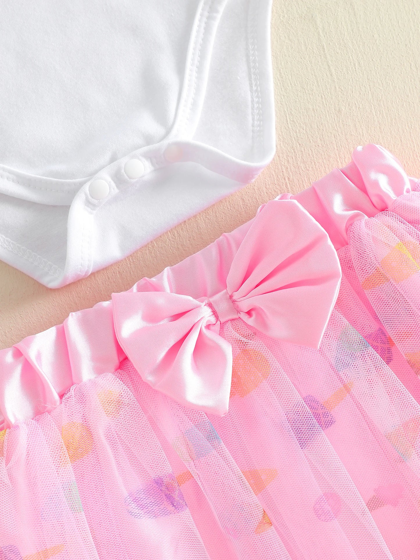 3Pcs Infant Girl Outfit Crew Neck Flying Sleeve Summer Themed Ice Cream Print Romper Tulle Skirt Headband Set