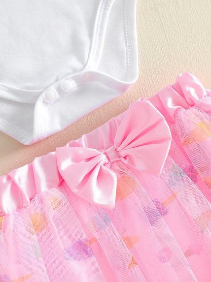 3Pcs Infant Girl Outfit Crew Neck Flying Sleeve Summer Themed Ice Cream Print Romper Tulle Skirt Headband Set
