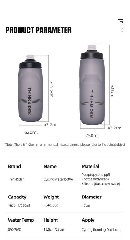 ThinkRider 620ml/750ml Bicycle Bottle MTB Road Bike Water Bottle Outdoor Sports Plastic Portable Large Capacity Drink Cycling